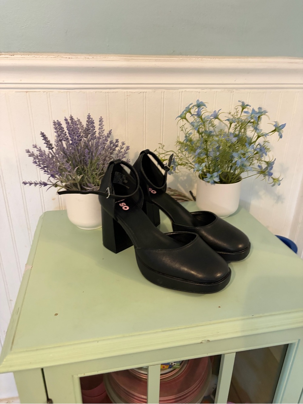 SO Black Platform Mary Jane Block Heels with Ankle Strap